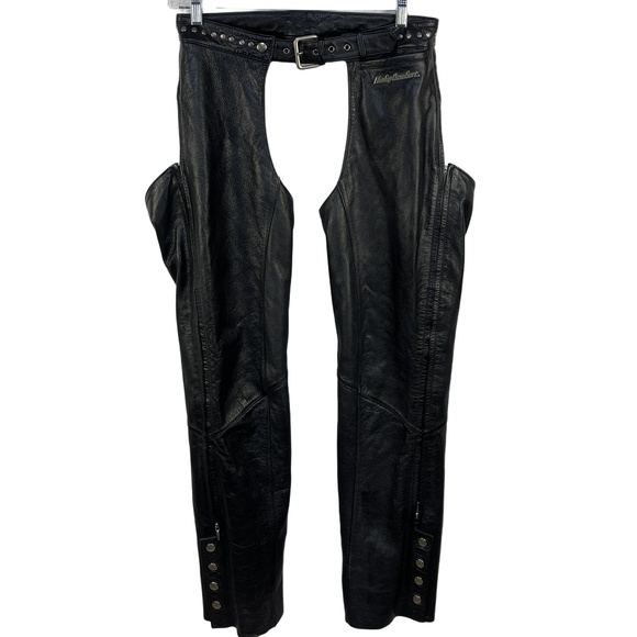 Women's Harley Davidson Black Leather Biker Chaps With Belted Waist Large